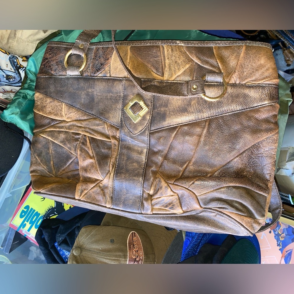 Vintage Hand Bag Brown Patchwork Pattern - image 1